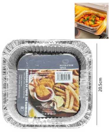 10 Set de Bandeja Cuadrada de Papel Aluminio (1 Set Trae 10 PCS) Medida: 20.5 x 20.5 x 5 cm aprox.