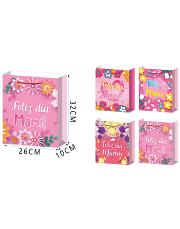 Bolsa de Regalo "Feliz Día Mamá" x 12 Unds. Medida: 32 x 10 x 26 cm aprox.