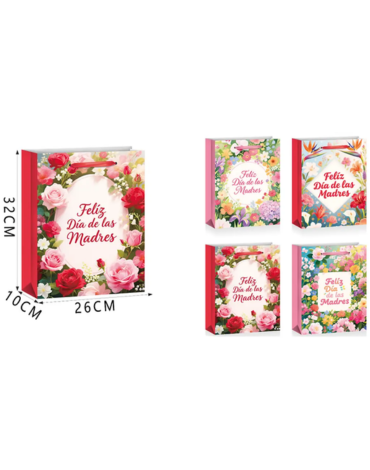 Bolsa de Regalo "Feliz Día de Las Madres" x 12 Unds. Medida: 32 x 10 x 26 cm aprox.