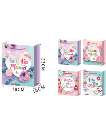 Bolsa de Regalo "Feliz Día Mamá" x 12 Unds. Medida: 23 x 10 x 18 cm aprox.