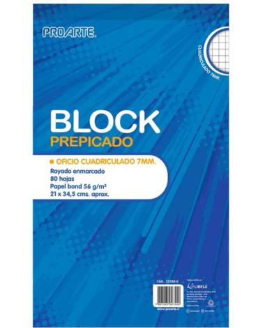 Block Prepicado Oficio 7 mm - 80 Hojas Pro Arte x 4 Unds. Medida: 21 x 34,5 cm aprox.