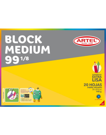 Block de Dibujo Medio 99 1/8 20 Hojas de 140 g ARTEL x 3 Unds. Medidas: 27 * 37,5 cms aprox.