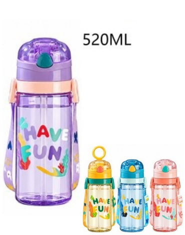 Botella de Agua Plástica Tapa Automática y Bombilla Colores Surtidos x 6 Unds. Medida: 520 ml aprox.