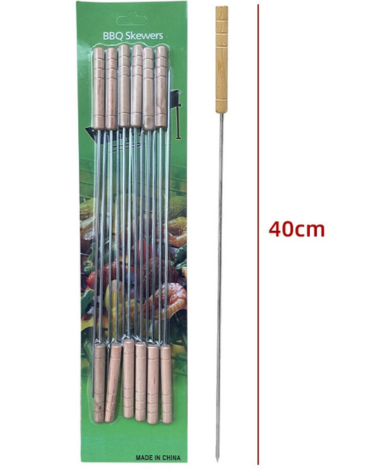 12 Set Brochetas Acero Inoxidable con Mango Madera (1 Set Trae 12 PCS) Medida: 40 cm aprox.