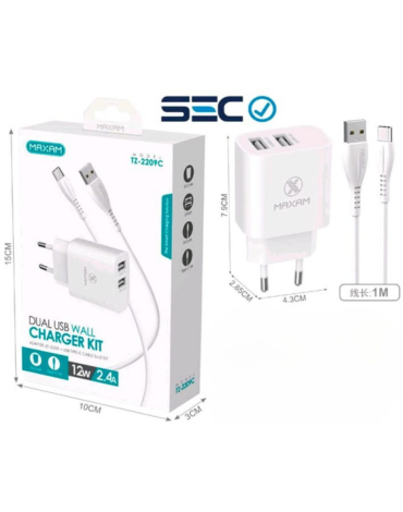 Cargador Doble Puerto 12W con Cable Tipo C x 3 Unds. Medida: 100 cm aprox.