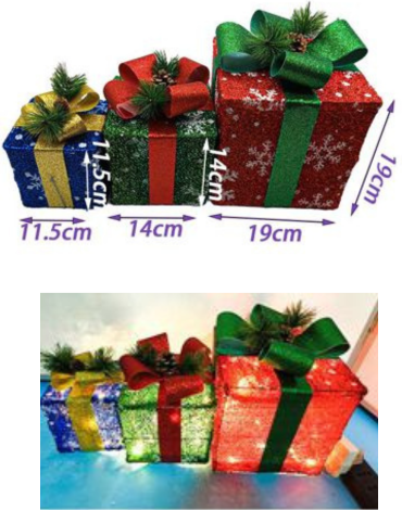 1 Set Caja de Regalo Navideña con Luz Led.Medida: 15 - 20 - 25.5 cm aprox.