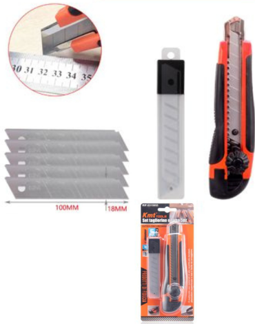 8 Set Cuchillo Cartonero con Repuesto 18 MM .(1 Tira Trae :2 PCS)