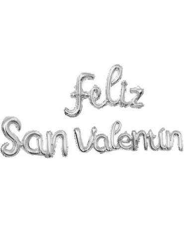 6 Set Globos de Feliz San Valentín Plateado.Medida: 44.5cm x 63cm / 28x 53cm / 46 x 108cm aprox.