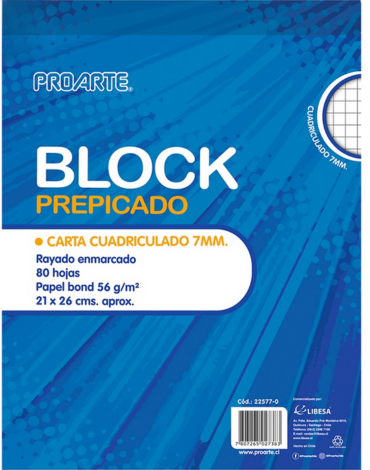 Block Prepicado Carta cuadriculado PROARTE x 12 Unidades. Medidas: 21 x 26 cm aprox
