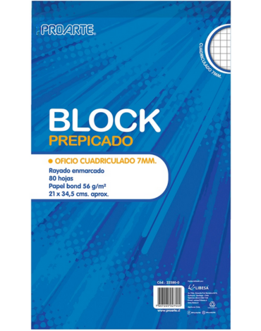 Block Prepicado Oficio Cuadriculado PROARTE x 12 Unidades. Medidas: 21 x 34,5 cm aprox