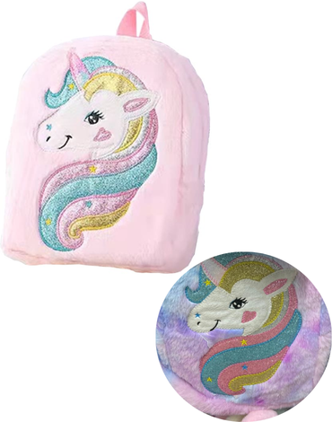 Mochila Felpa Unicornio x 4 Unds. Medida: 21cm x 27cm aprox.