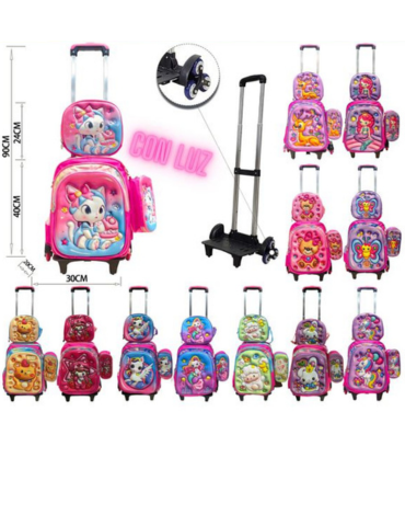 6 Set de Mochila con Luz Ruedas Lonchera y Estuche.( 1 Set Trae: 3 PCS)