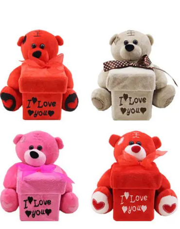 Peluche Oso con Caja San Valentín Colores Surtidos x 4 Unds. Medida: 15 x 18 cm aprox.