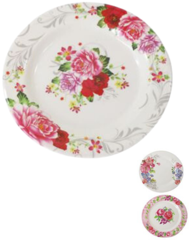 Plato Plano con Melamina Modelos Surtidos x 24 Unds.Medida:22 .8 x 22.8 x 1.4 cm aprox.