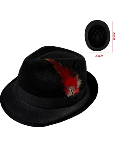 Sombrero con Pluma Lateral Color Negro x 12 Unds. Medida: 29 x 23 cm aprox.