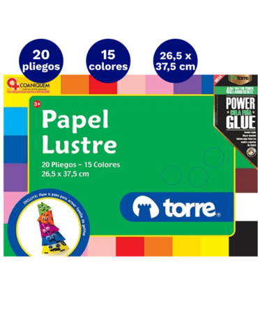 4 Set de Papel Lustre TORRE (1 Set: 20 Pliego + 15 Colores ) Medidas : 26,5 x 37,5 cms aprox.