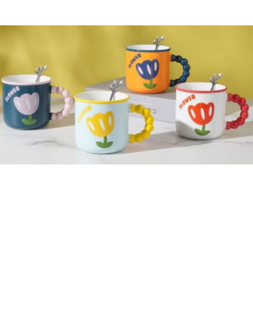 Tazas de Cerámica con Cuchara Colores Surtidos x 4 Unds. Medidas: 340 ML