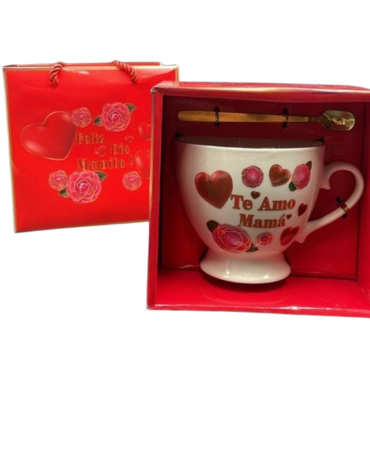 4 Set de Taza Te Amo Mamá  + Cuchara .Medida: 11 x 9,5 cm aprox (1 Set Trae: 2 PCS)