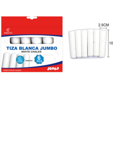 12 Cajas de Tizas Blanca Jumbo. Medida: 10 x 2.5 cm aprox.(1 Caja Trae : 6 PCS)