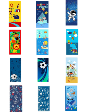 Toalla de Playa para Niños Micro Fibra Modelos Surtidos x 12 Unds. Medida: 75 x 150 cm aprox.