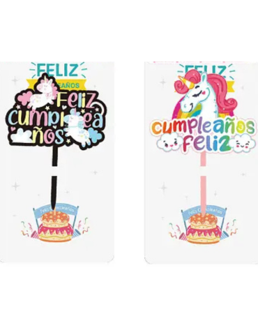 Topper para Torta Unicornio Feliz Cumpleaños x 12 Unds.