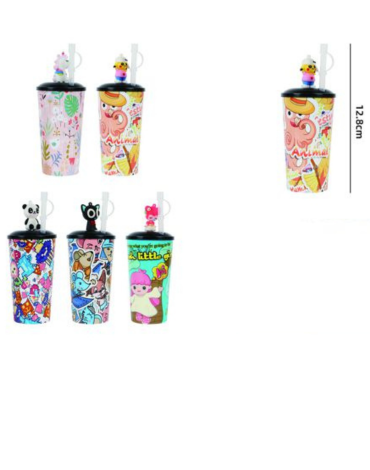 Vaso Toma Todo con Bombilla Modelos Surtidos x 12 Unds. Medida: 12.8 cm aprox.