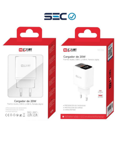 Adaptador Carga Rápida 20W Pantalla Digital 2 Entradas USB-C y USB-A x 4 Unds.