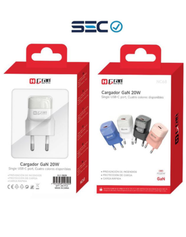 Cargador Carga Rapida GaN 20W - USB-C sin Cable Colores Surtidos x 4 Unds.