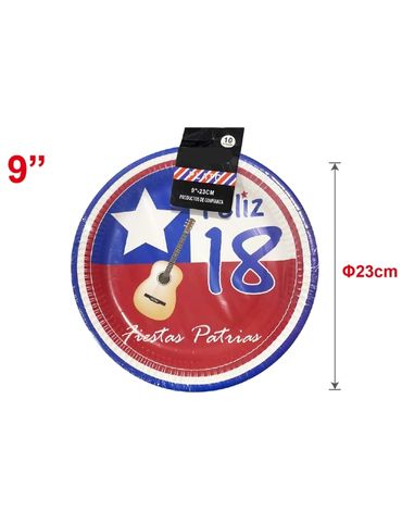 Platos Feliz 18 Fiestas Patrias x 12 Set . Medidas: 23 cm Aprox.