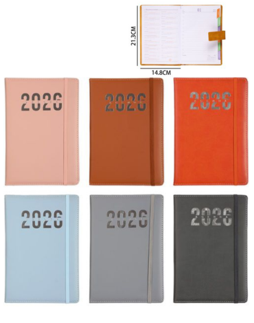 Agenda 2026 con Elastico Colores Surtidos x 6 Unds. Medida: 21.3 x 14.8 cm aprox.