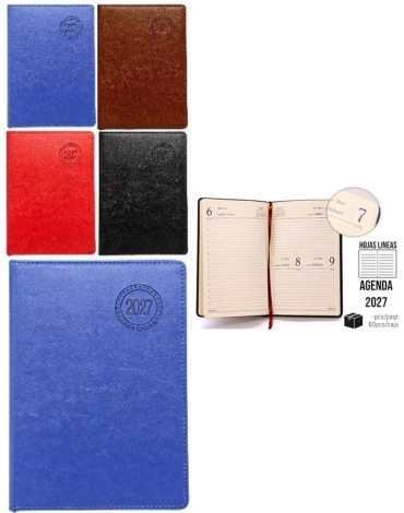 Agenda Liso 2027 A5 Colores Surtidos x 6 Unds. Medida: 21 x 14.5 cm aprox.