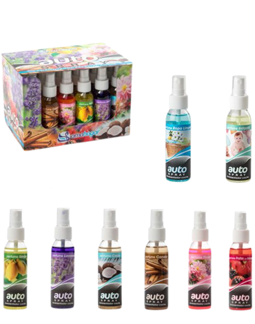 Aromatizante de Auto en Spray Surtidos x 24 Unds. Medida: 55 ml aprox.