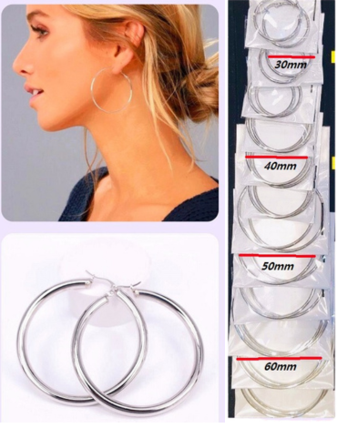 Aros de Acero Inoxidable Color Plateado x 24 Pares. Medida: 30 - 40 - 50 - 60 mm aprox