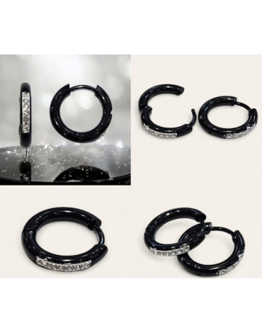 Aros de Acero Inoxidable con Zircones Color Negro x 12 Pares.