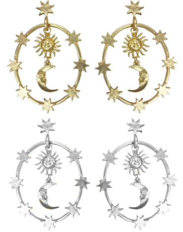 Aros Astral Sol y Luna Colores Surtidos x 24 Pares. Medida: 5 x 3.5 cm aprox.