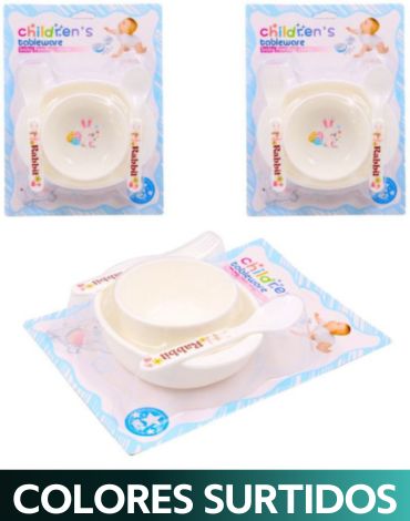 Blíster Plato Plastico + Cubiertos para Bebé x 12 Unidades.
