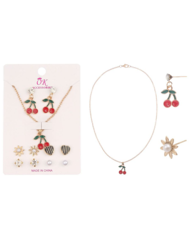 12 Set de Cadena y Aros Diseño Cerezas (1 Set Trae 5 Pares de Aros + 1 Cadena)