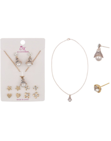 12 Set de Cadena y Aros Diseño Perlas (1 Set Trae 5 Pares de Aros + 1 Cadena)