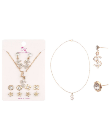 12 Set de Cadena y Aros Diseño Dólar (1 Set Trae 5 Pares de Aros + 1 Cadena)