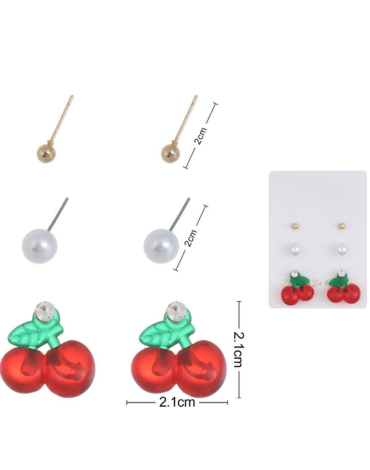12 Set de Aros de Fantasía Diseño Cerezas y Perlas (1 Set Trae 3 Pares)