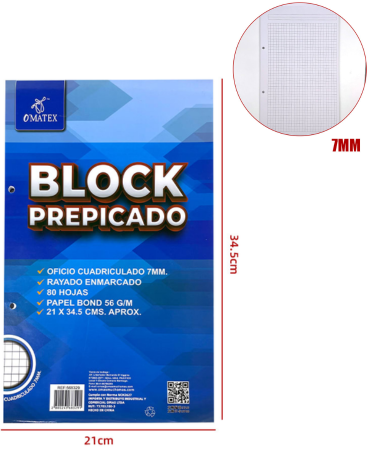 Block Prepicado Oficio 7 mm - 80 Hojas x 10 Unds. Medida: 21 x 34.5 cm aprox.
