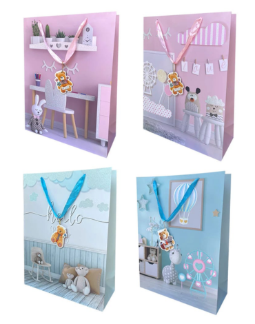 Bolsa de Regalo Baby Shower x 12 Unds. Medidas: 18 x 8.5 x 24 cm aprox.