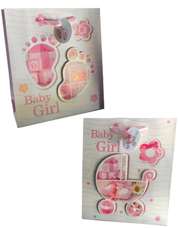 Bolsa de Regalo Baby Girl Glitter 3D x 12 Unds. Medida: 40 x 30 cm aprox.