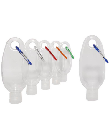 Botella Plástica con Mosquetón Colores Surtidos x 24 Unds. Medida: 50 ml aprox.