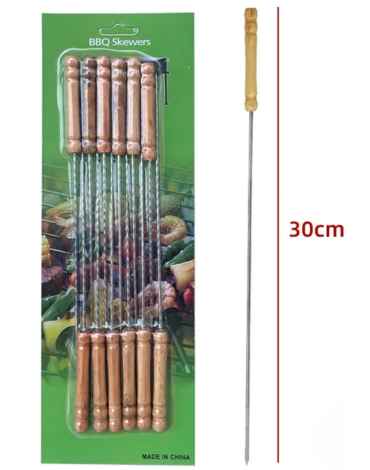 12 Set Brochetas Acero Inoxidable con Mango Madera (1 Set Trae 12 PCS) Medida: 30 cm aprox.