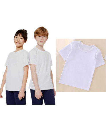 Camiseta Unisex de Algodón Color Blanco x 12 Unds. Talla: 13 (7 años) - 14 (8 años) - 15 (9 años) - 16 (10 años)