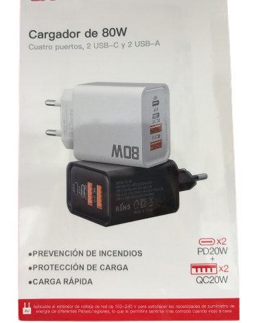 Cargador Múltiple 80W sin Cable Colores Surtidos x 4 Unds.