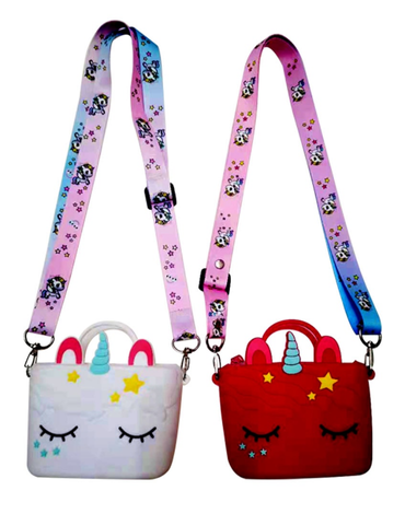 Bolso Cruzado para Niña Diseño Unicornio x 12 Unds. Medidas : 12 x 16 x 6 cm aprox.