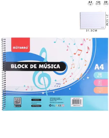 Cuaderno de Música A4 20 Hojas x 12 Unds. Medida: 21.5 x 31.5 cm aprox.