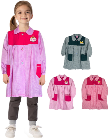 Delantal de Niña Cuadrillé con Bordado Colores Surtidos x 12 Unds. Talla : 2 - 4 - 6